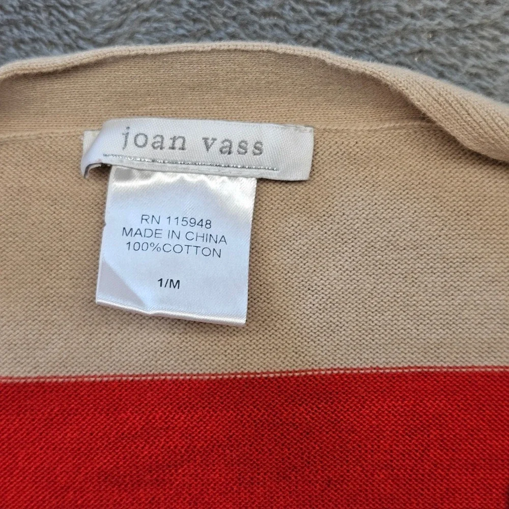 Joan‎ Vass Womens Striped Longline Cotton Cardigan Sweater Red Tan Black Size M